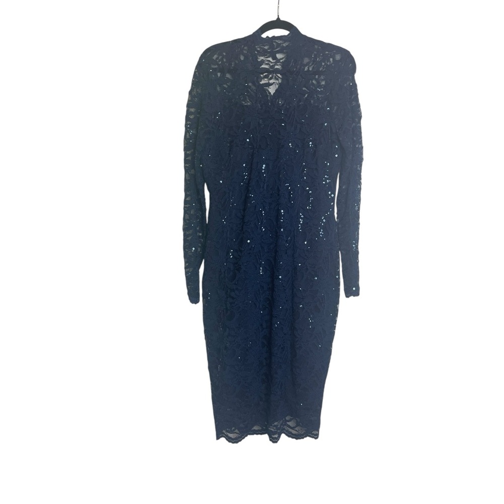 Marina Blue Lace Sequin V Neck Sheath Bodycon Long Sleeve Midi Dress Sz 14 NEW